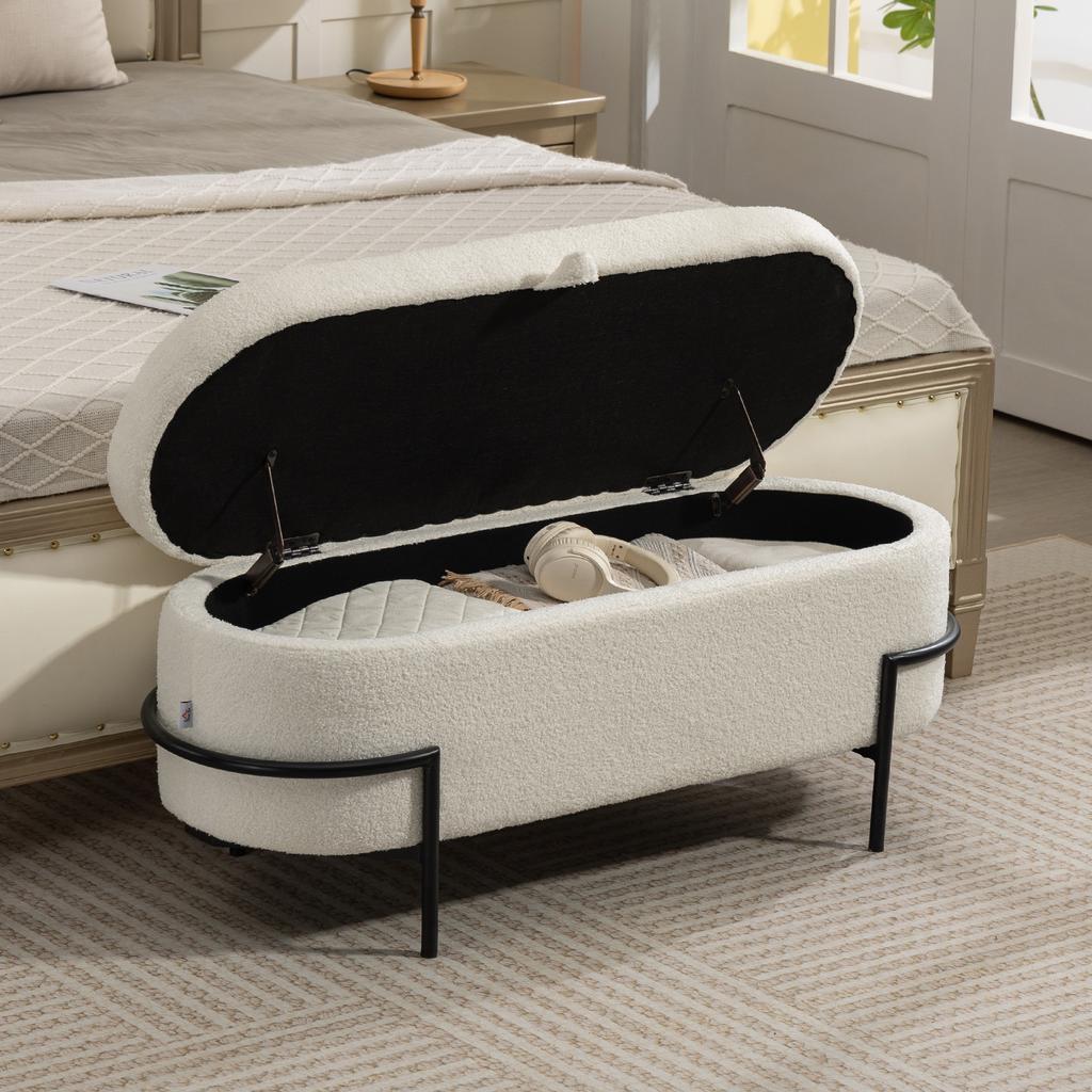 Storage Ottoman Seat Stool With Lid And Storage Steel Legs Upholstered Stool With Fleece Cover Cream White