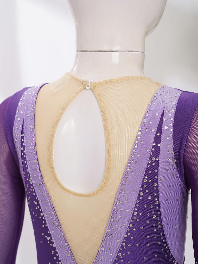 Детское танцевальное платье в стиле пэчворк для девочек, сверкающие стразы, прозрачная сетка, длинные рукава, элегантная замочная скважина сзади, одежда для выступлений