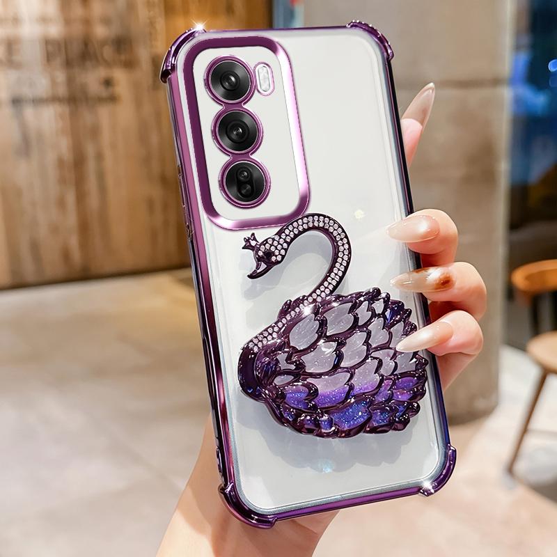KEYSION Shockproof Plating Phone Case for OPPO Reno12 Pro 5G Clear TPU Glitter Jewelled Swan kickstand Back Cover for OPPO Reno12 5G