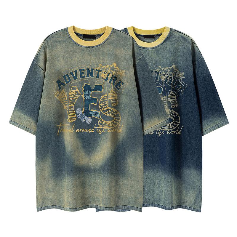 Retro old letter printed denim short-sleeved T-shirt for men and women street oversize loose casual couple top