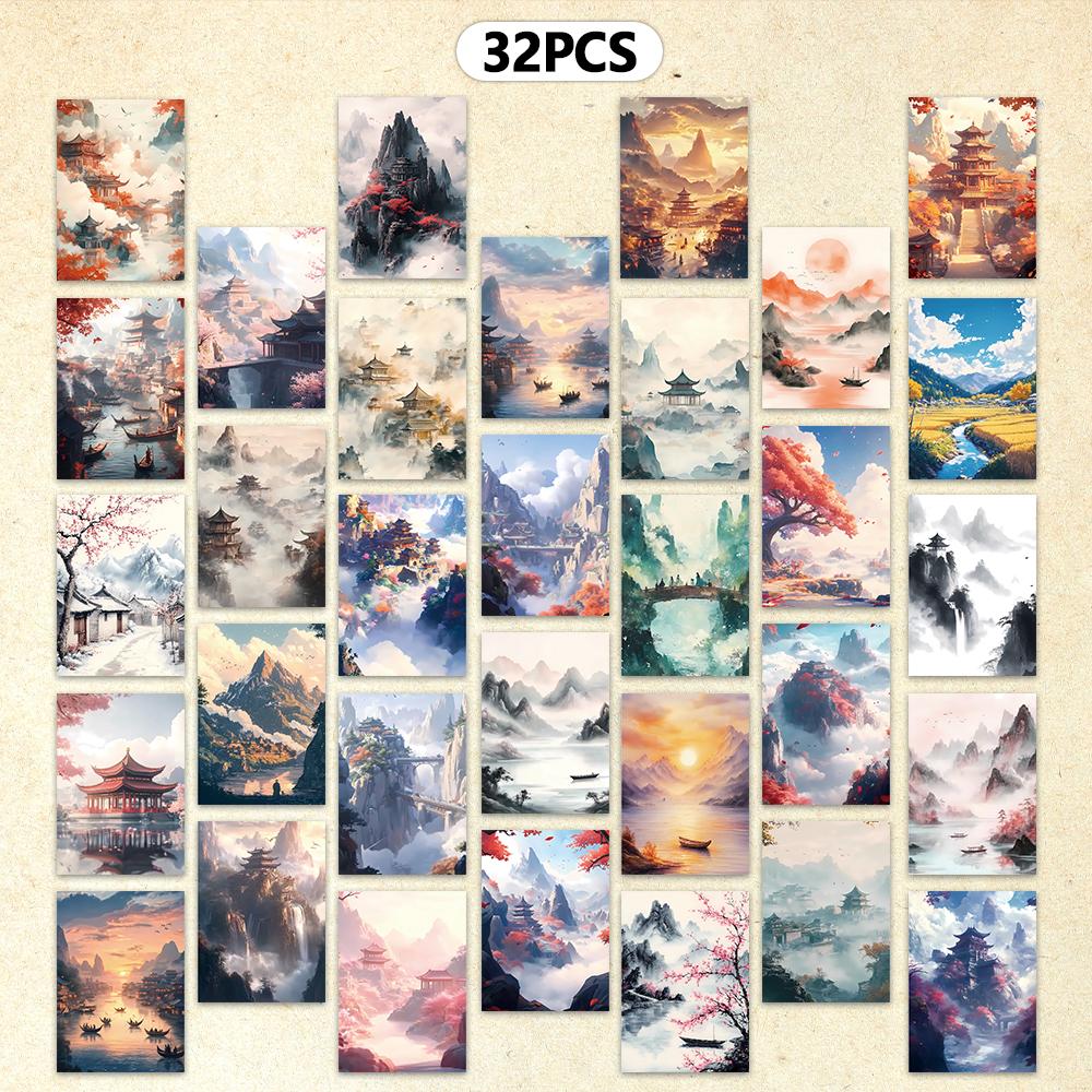 32 Pieces, Chinese Ink-wash Painting Postcards, Ancient Buildings and Landscape Paintings, Mailing Cards, Festival Cards
