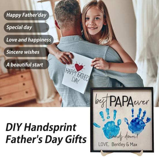 DIY Handprint Keepsake for Dad Best Dad Ever Wooden Plaque Desk Father And Kids Hands Down Sign for Daddy Papa Grandpa from Daughter Son Father's Day