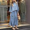 2 Pcs/Set Women Top Skirt Suit Round Neck Three Quarter Sleeve Slant Hem Vintage Top Drawstring Elastic Waist Loose Irregular Maxi Skirt Spring Daily