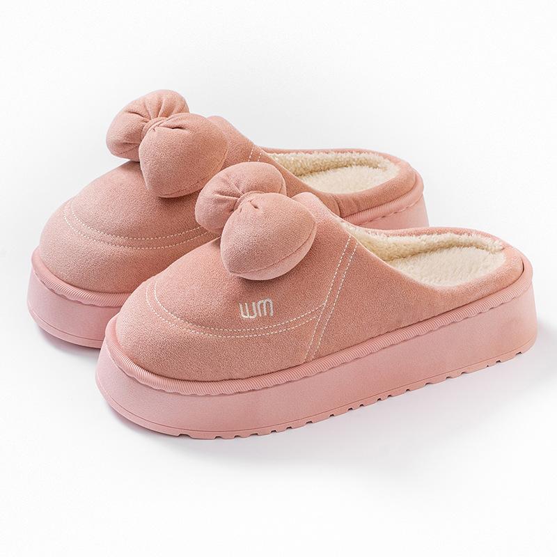Cartoon Bow Cotton Slippers Autumn and Winter Thick-soled Velvet Warm and Comfortable Indoor Home Couple Shoes