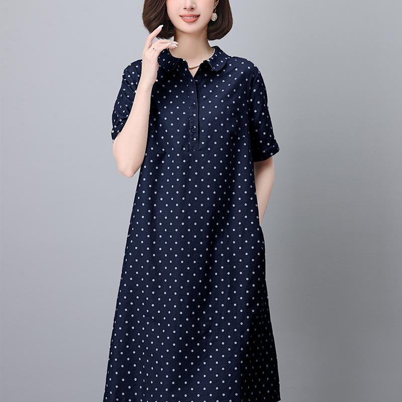Летнее платье в горошек из хлопка и льна 2024 года — женское, французский стиль, размер плюс, длинная юбка