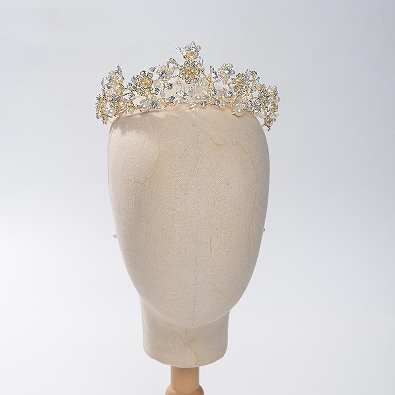 Flower Embellished Diamond Bridal Crown Handmade Beaded Pearl Tiara Wedding Dress Accessories