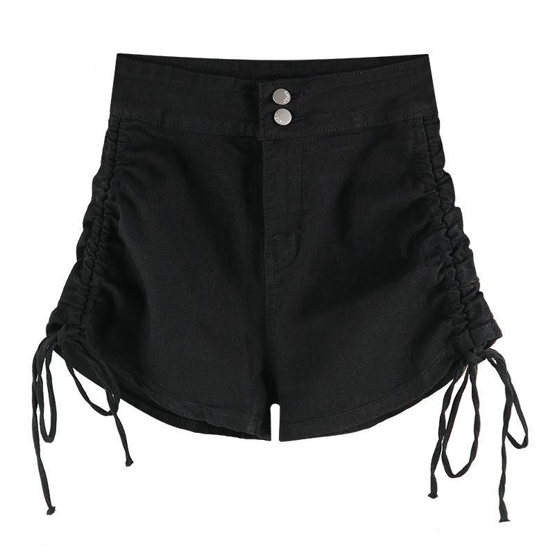Summer High Waist Denim Shorts Korean Style Black Blue Color Side Drawstring Double Buttons Up Short Jeans