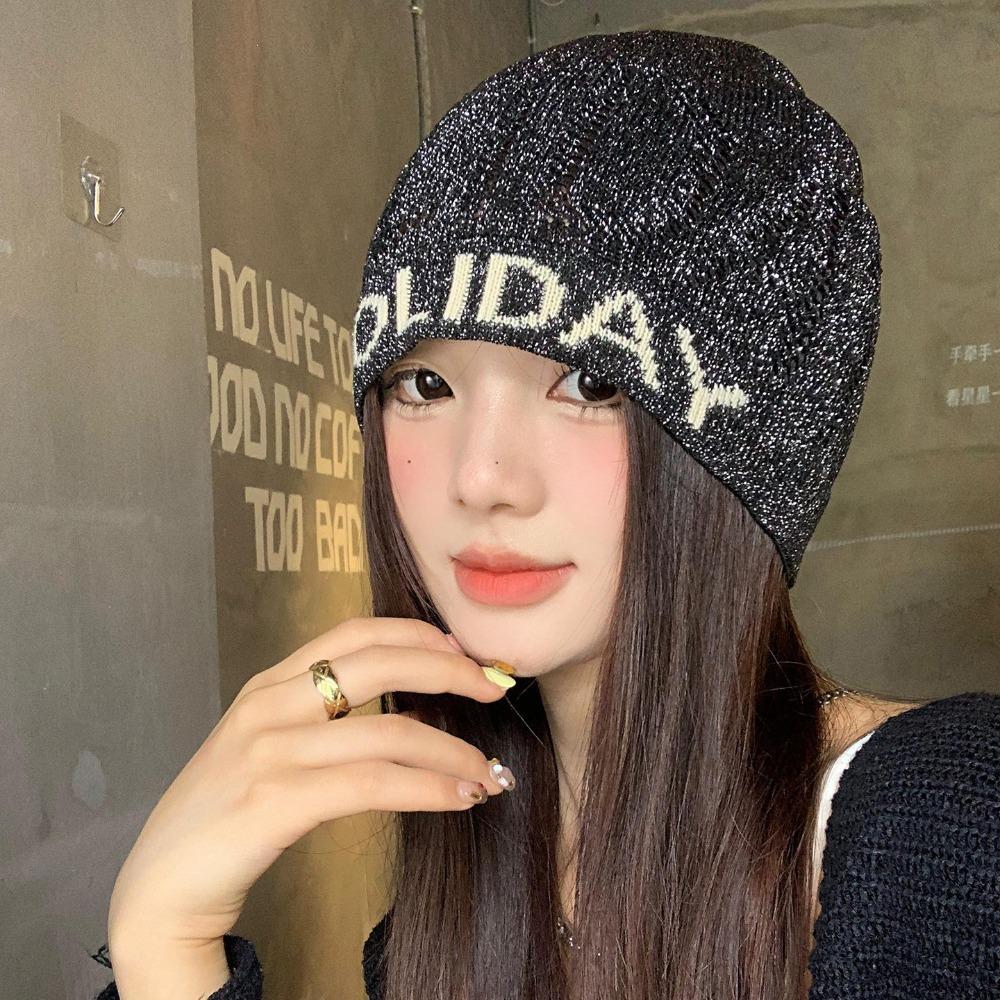 Vintage Letter Beanie Hat Cool Knitted Pullover Hat Fashion Sequin Knitted Hat  Streetwear