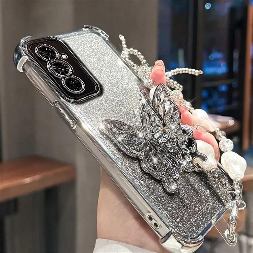 Pearl Bracelet Butterfly Stand Phone Case For Samsung A53 A52 A32 A13 A23 A33 A73 A12 A22 A02S A03S Glitter Shockproof Cover