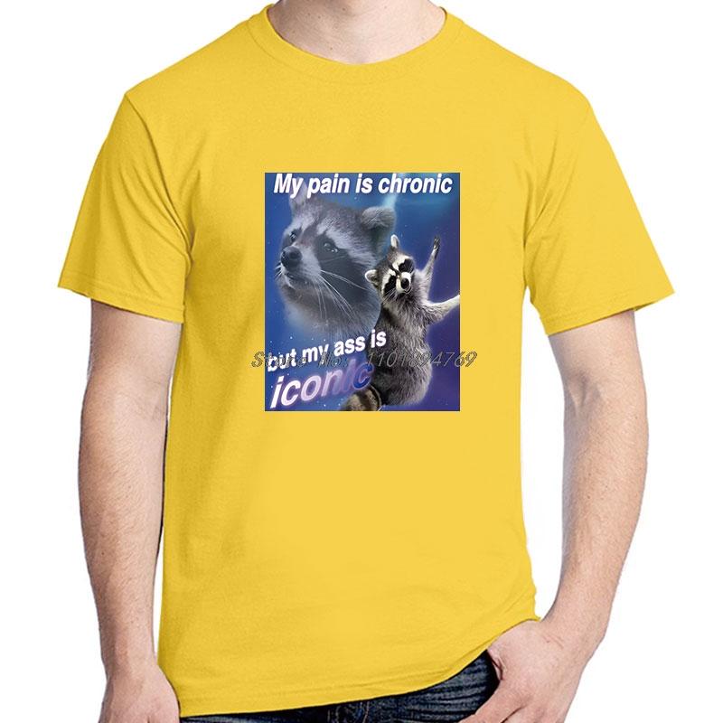 Funny My Pain Is Chronic But My Ass Is Iconic Raccon Meme Tshirt Cotton Short Sleeve T Shirts Casual Streetwear Unisexs Clothes