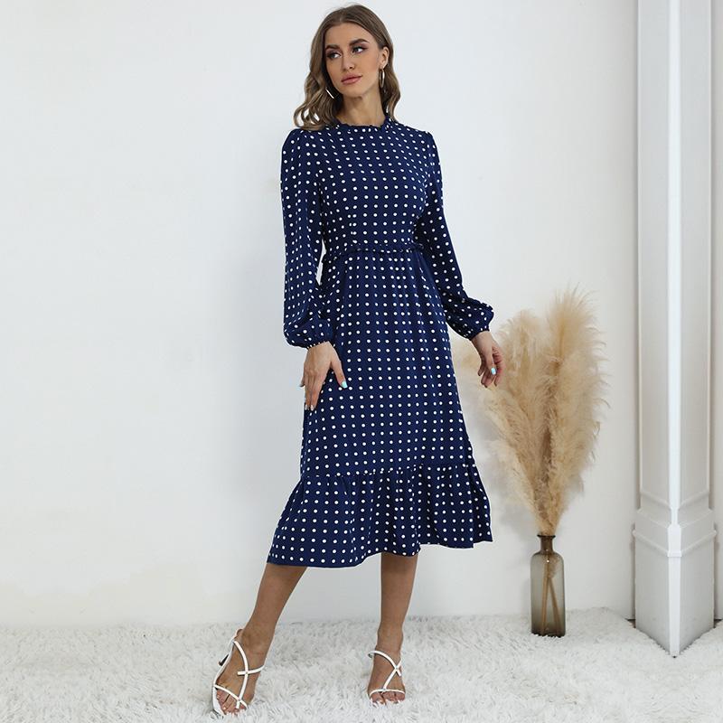 YYFS Женские винтажные повседневные платья в горошек с принтом на лето и весну с длинным рукавом и круглым вырезом с высокой талией