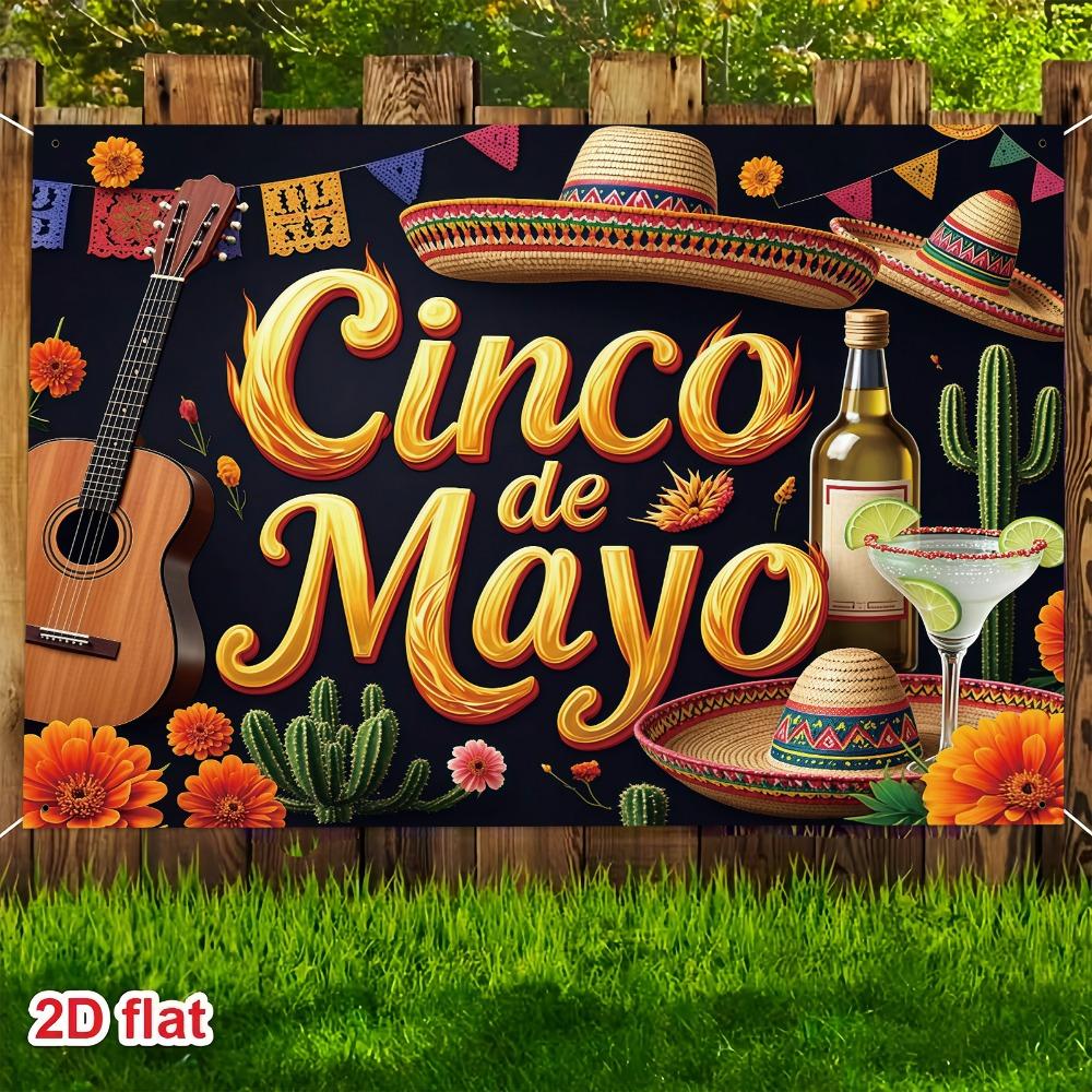 2D flat banner 1 piece Mexican May 5th Festival background equipped with a wide brimmed straw hat and tequila