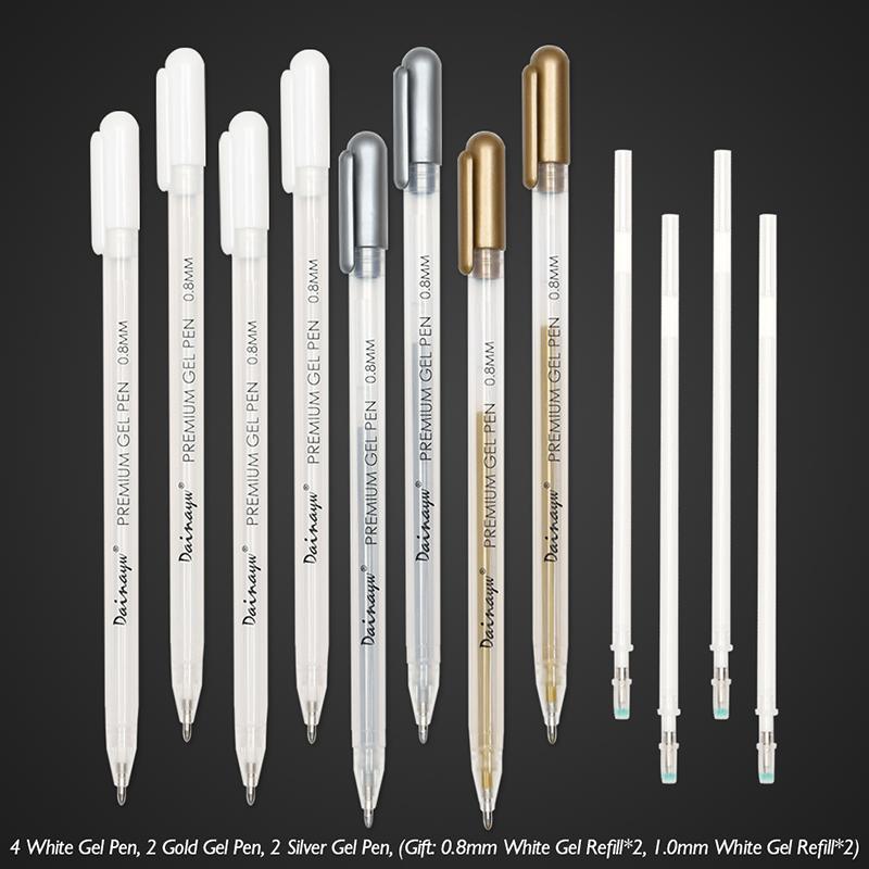White Gold Silver Hightlight Gel Pen 8 PCS 0.8 Mm Nib Ballpoint Pens and 4 PCS Refills for Black Paper Drawing Painting Sketching