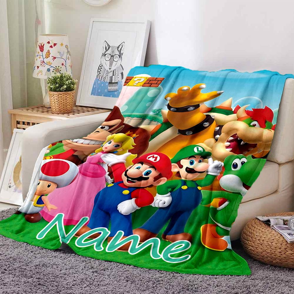 Custom Name Super Mario Bros Adventure flannel Blanket for Super Soft Cute Comfort Blanket for Travel Bedding Couch Sofa Blanket