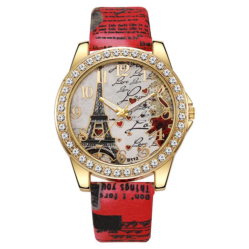 Snake Print Leather Belt Women's Watch with Eiffel Tower Design and Diamond Numerals