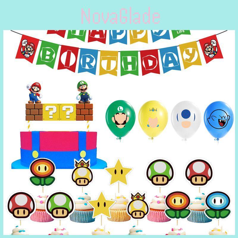 Super Mario Kids Birthday Party Decor Suit With Vibrant Latex Balloons And Eye-catching Cake Topper For Joyous Celebration