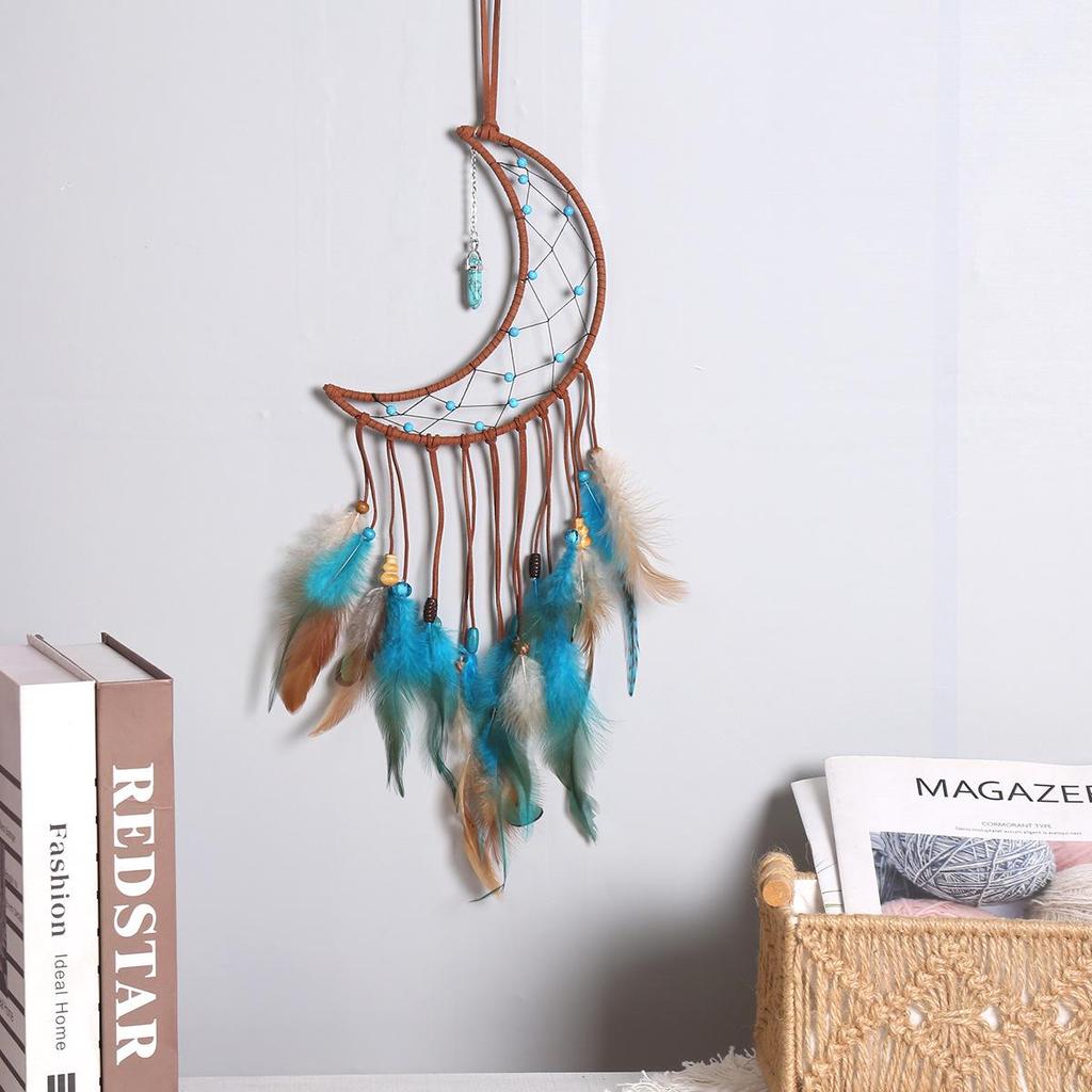 Vintage Turquoise Dream Catcher with Crescent Star Pendant for Wall or Room Decor