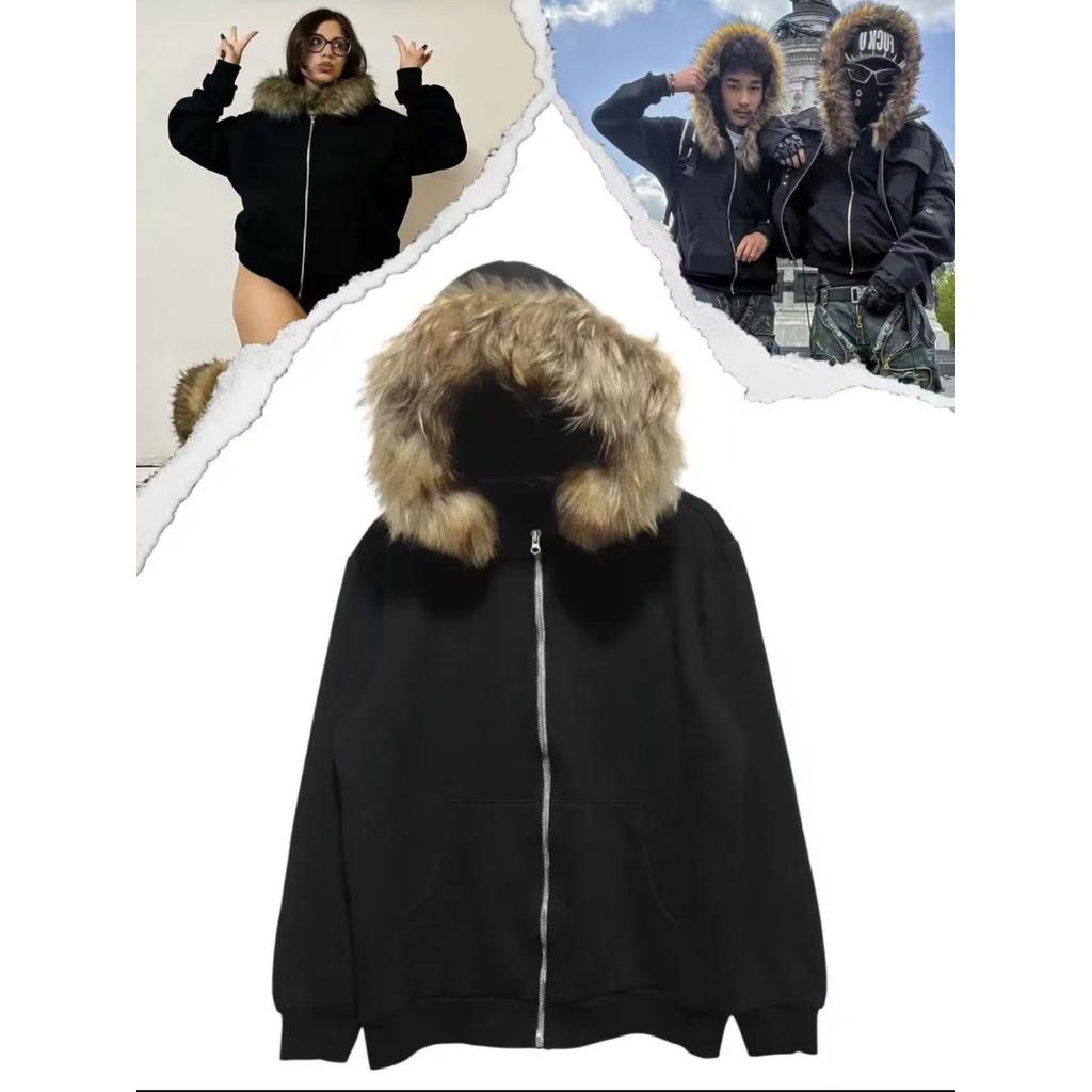 2KWEIRD Харадзюку Y2k Миллениал Хотти Американский Ретро Худи на Молнии с Меховым Воротником Женская Осенне-зимняя Хип-хоп Куртка на Молнии