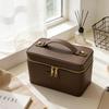 Portable Cross-Grain Leather Cosmetic Bag with Gold Hardware - Makeup and Skincare Travel Organizer