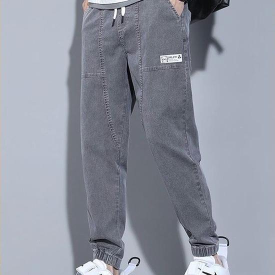 Джинсы мужские корейские весенне-летние свободные облегающие брюки с переплетной этикеткой, повседневные модные трендовые укороченные брюки