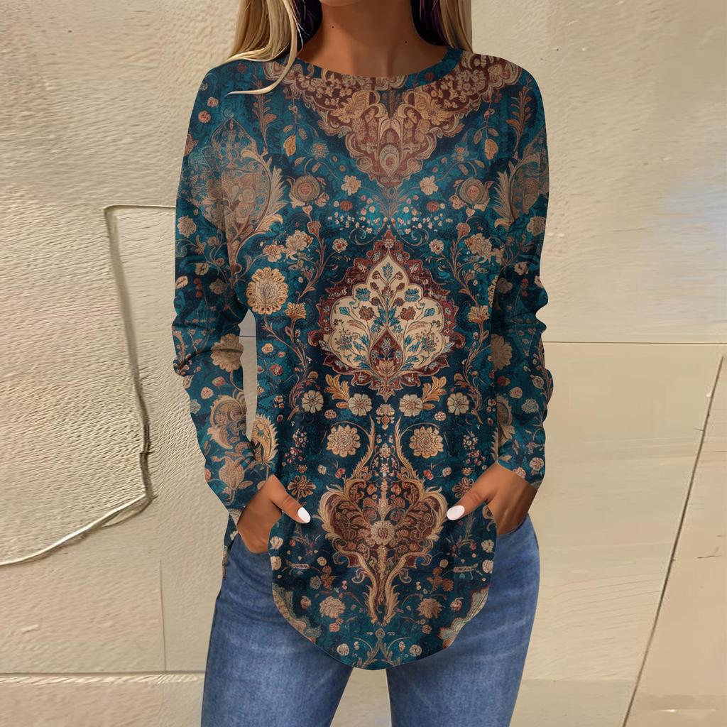 Shirts For Women Cute  Vintage Pattern Print T-Shirt Long Sleeve Tunic Tops Cotton Pullovers