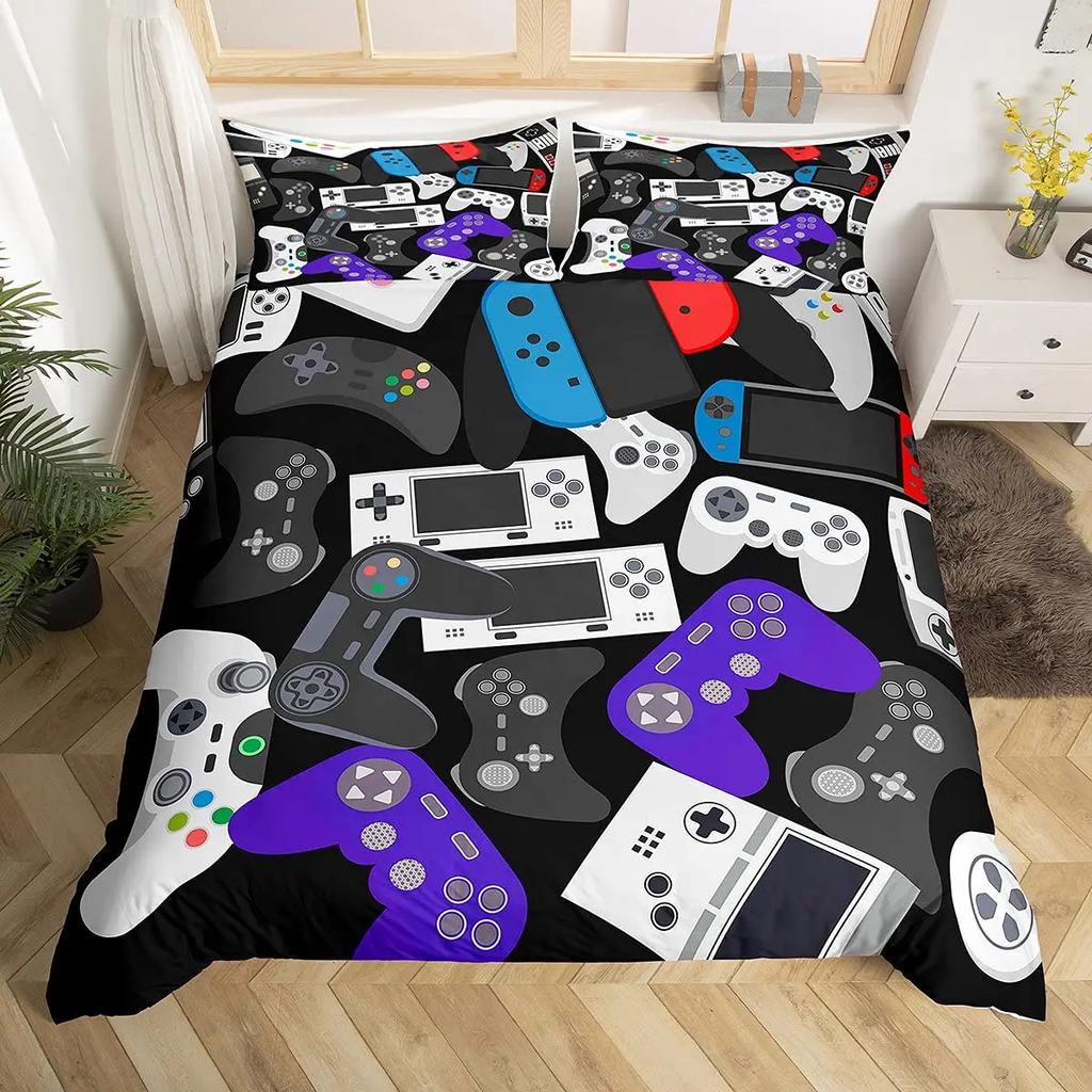 Игровой комплект пододеяльника Декор комнаты геймера Для мальчика Дети Подросток Видеоигры Полуторный комплект постельного белья Микрофибра Геймпад Let's Play Покрывало