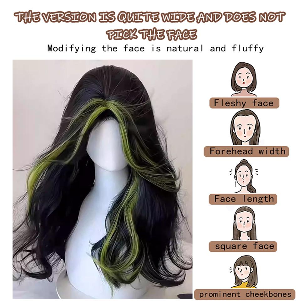 Черный блики зеленые вьющиеся волосы синтетический парик женский ежедневный пушистый естественный волны разделенная челка на выбор окрашенный длинный вьющийся парик