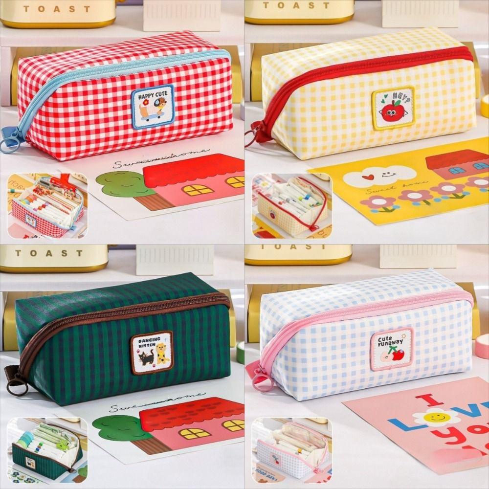 Large Capacity Grid Stationery Bag Desktop Storage Dopamine Pencil Pouch  Children