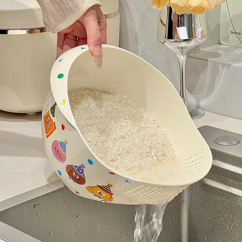 Cream Style Cute Multi-functional Drainage Basket Household Living Room Fruit Drainage Basket Kitchen Simple Rice Washing Basket