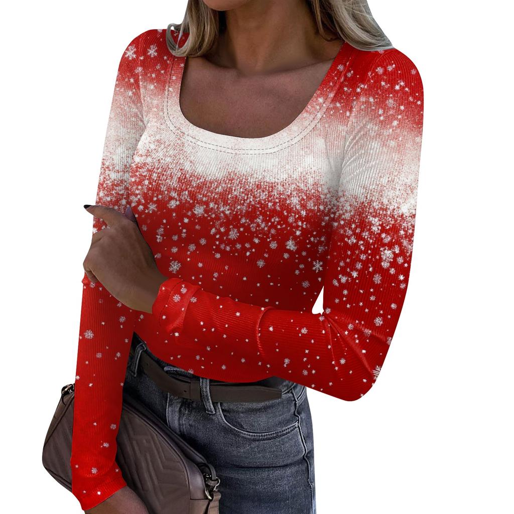 Женская мода Slim Bottom Casual с длинным рукавом и рождественским принтом пуловер с U-образным вырезом