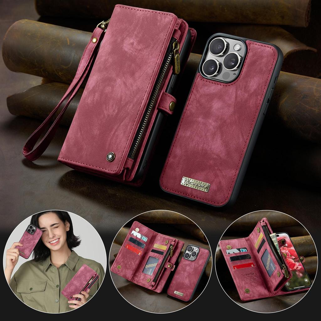 CaseMe-008 Для iPhone 16 Pro Max Съемный 2-в-1 Кошелек-чехол с молнией и ремешком на запястье Многофункциональный Чехол для телефона с отделениями для карт