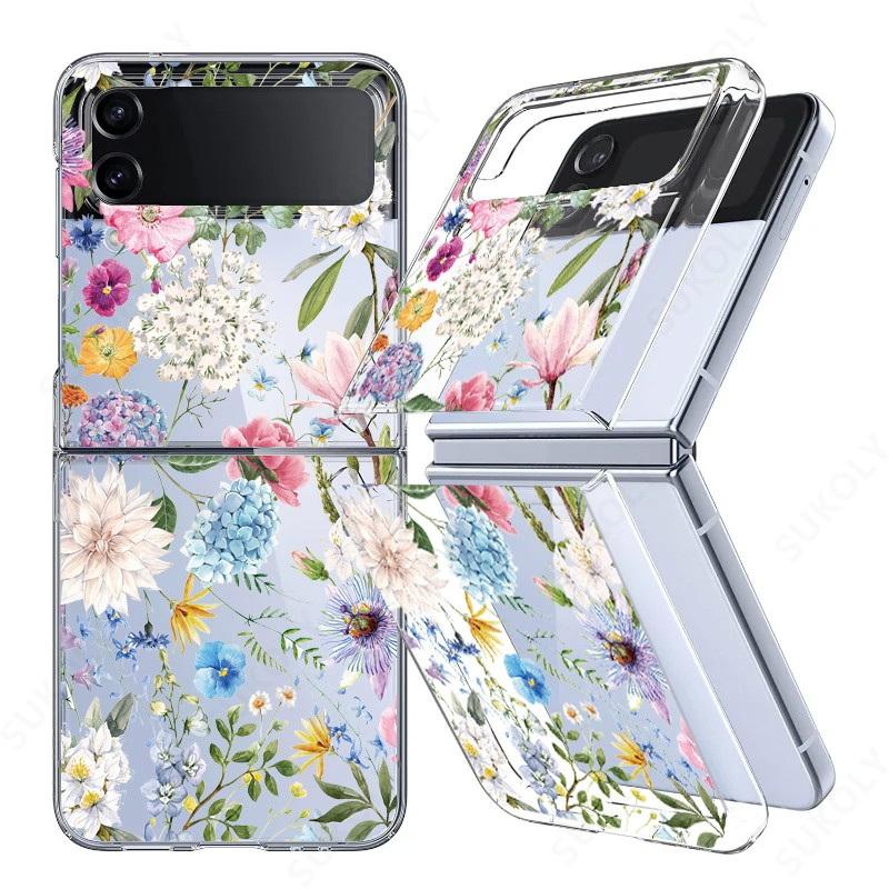 For Samsung Galaxy Z Flip5 Flip6 Flip4 Case Flower Pattern Shockproof Folding Transparent Cover For Samsung Galaxy Z Flip 5 4 3