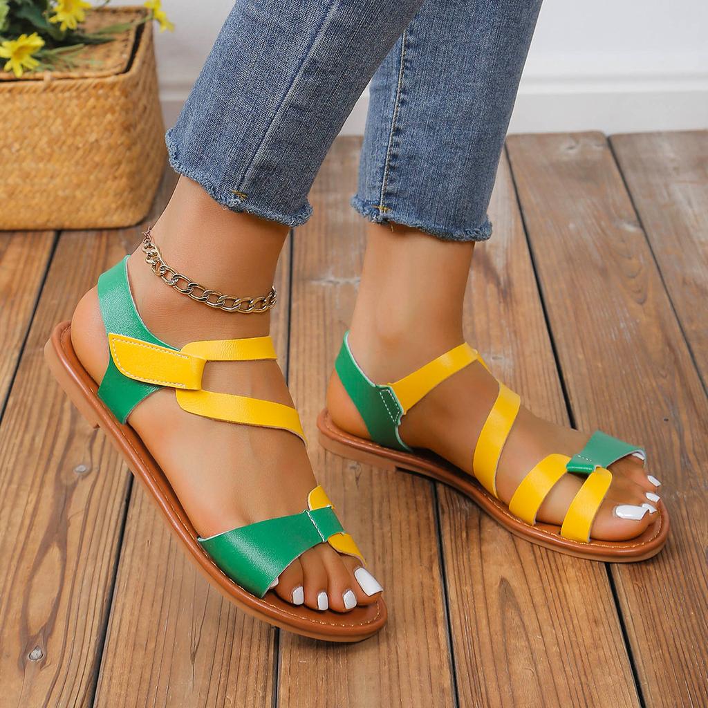 Color-blocked Velcro Women's Flat Sandals Anti-slip Beach Casual Shoes Low-heeled Sandals