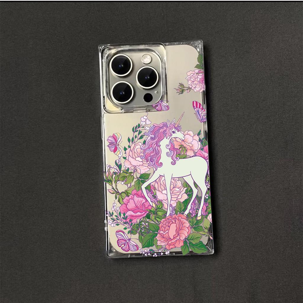 Прозрачный квадратный чехол-трубка для защиты iPhone 13 14 Pro Max 16 ProMax 15 Plus 12 11, защита от окисления, с рисунком бабочки и единорога