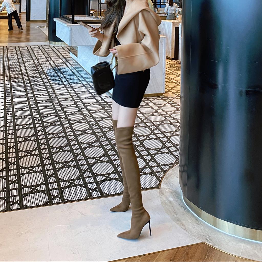 Over-knee Boots for Women's Autumn and Winter Explosions, Foreign Style, Pointed Head, Tall Tube, Stiletto, High Heels, Brown Elastic Sub