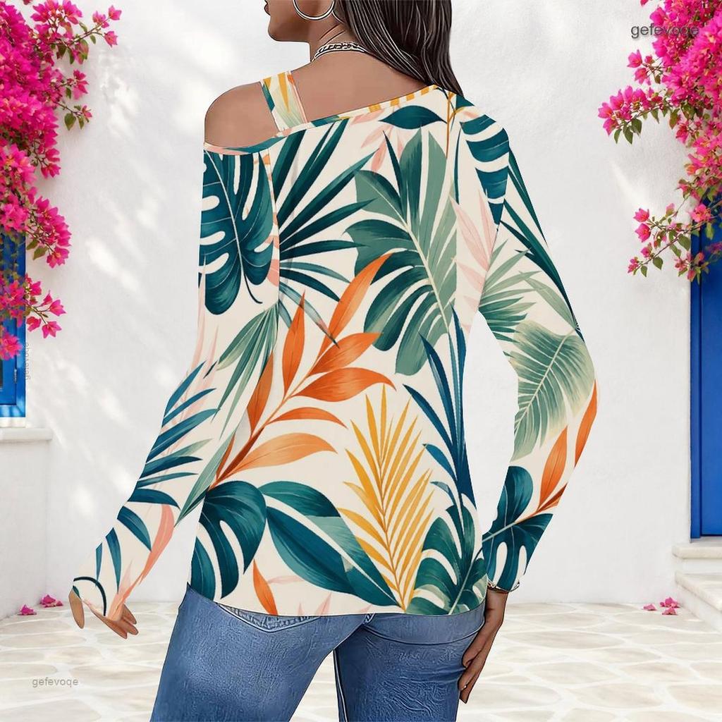 Women Plus Size Asymmetric Cutout Neck Cold Shoulder Long Sleeve Tropical Leaf Printed Fitted Blouse