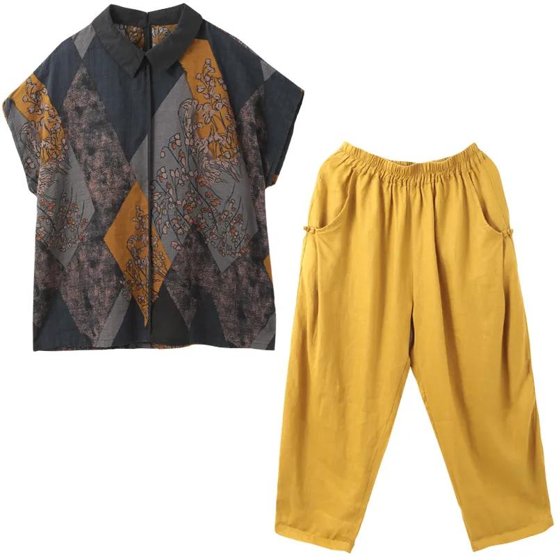 Костюм больших размеров, женский летний, с короткими рукавами, свободные брюки с завязками на талии, костюм из двух частей