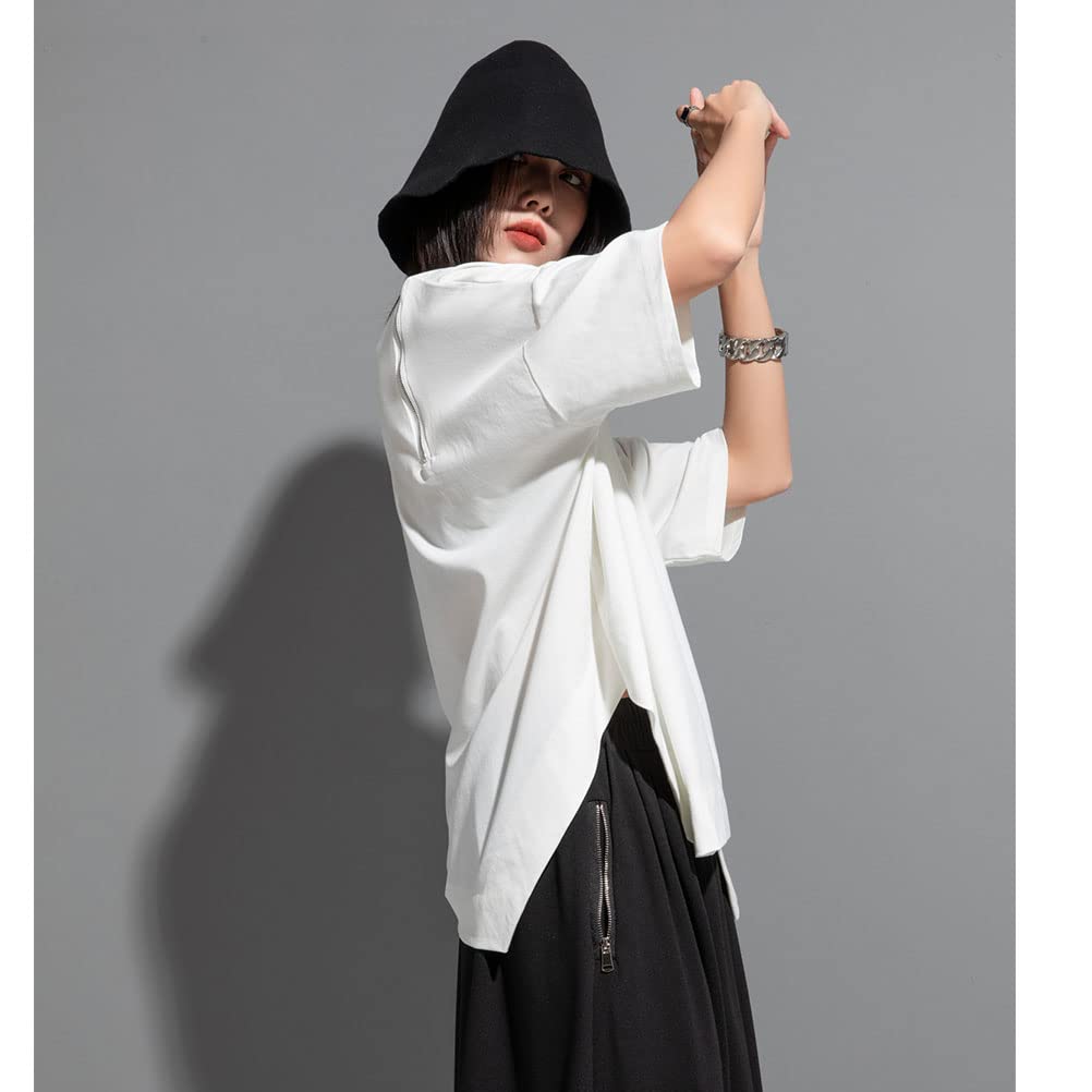 Morino Short Sleeve Loose Fit Solid Street Summer Size Women's T-Shirt, Color, Asymmetrical, Zippered, Off-the-Shoulder, Casual, Fashionable, Unique,