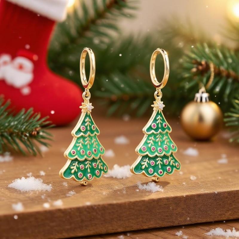 Green Enamel Fresh Christmas Tree Drop Earrings with Shiny Cubic Zirconia Women Festival Gold Color Novel Chic Jewelry earrings