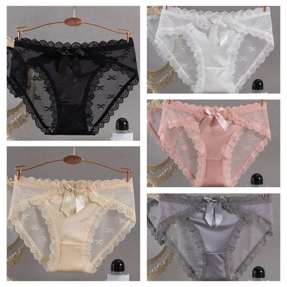 Breathable Low Waist Lace Panties Transparent Cotton Crotch Mesh Flower Briefs Lingerie Bow Lace Thin Underwear Lady