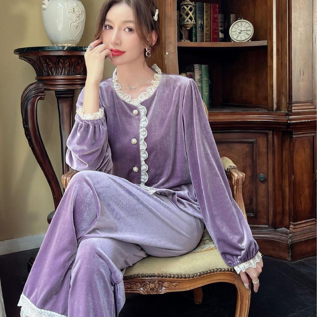 Gold Velvet Women's Pajama Set: Autumn-Winter, Long Sleeve & Pants, Fragrant Style, Lace Cardigan, Indoor/Outdoor Wear.