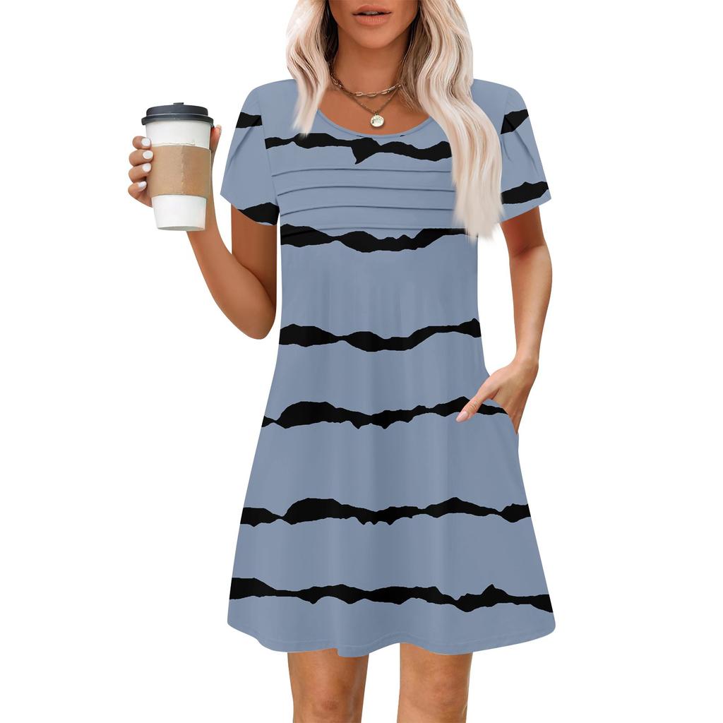 Women's Summer Casual Petal Slim Stripe Pleated Solid Color Dresses