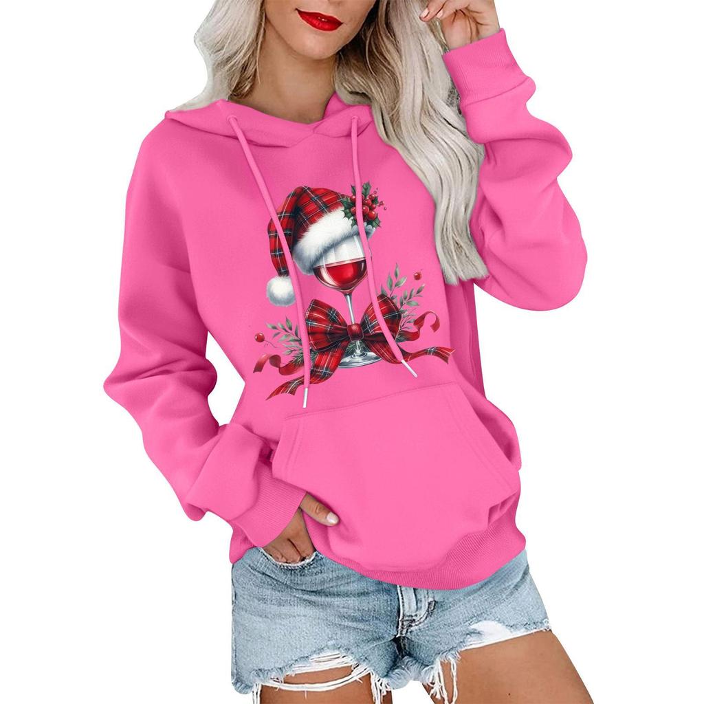 Women's Casual Comfortable Neck Hooded Long Sleeve Christmas Print Warm Sweatshirt