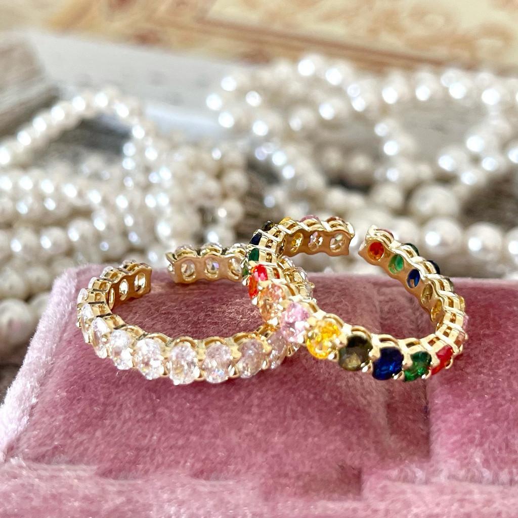 Dazzling Gold Oval Adjustable Ring With Colorful Rainbow Stones For Trendy Women's Summer Style