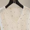 Women's V-Neck Wool Blend Color-Block Polka Dot Knit Top