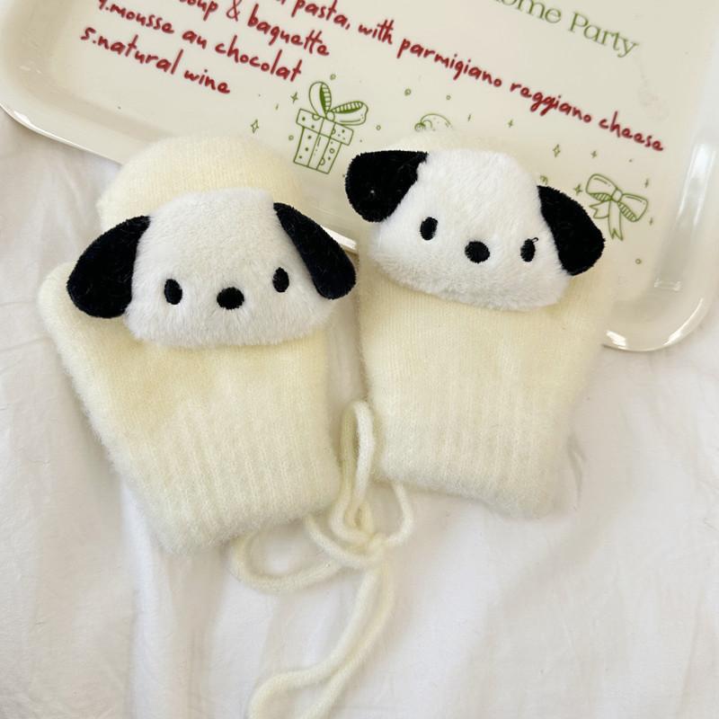 Новые детские перчатки Милые мультяшные куклы Вязаные варежки Зимние теплые Плюс бархат Утолщенные Перчатки на шнурке