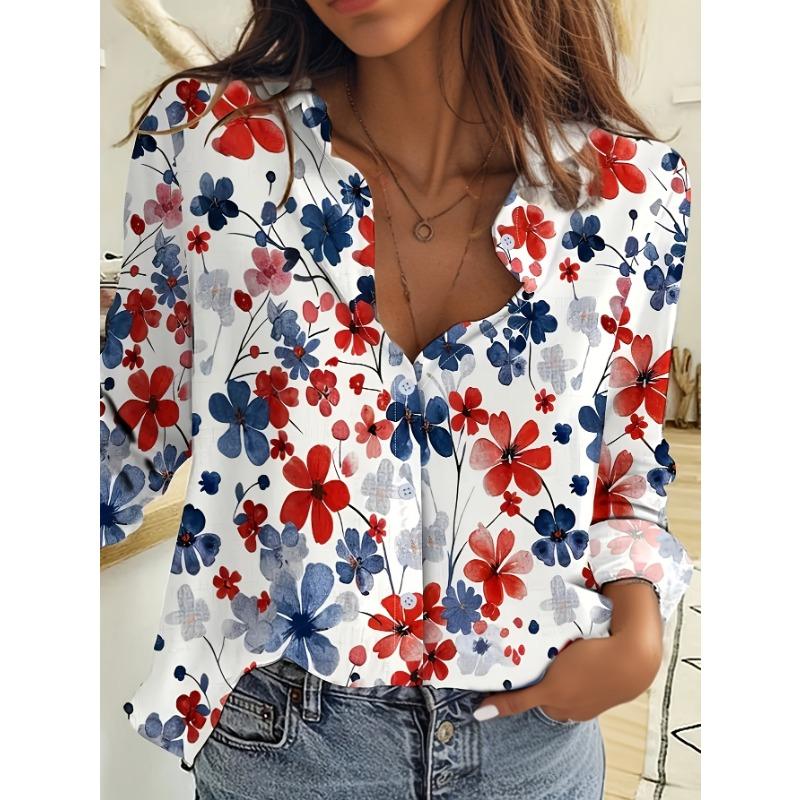 Women'S Elegant Floral Print Casual Shirt - Long Sleeve Blouse for Autumn Winter And Spring Summer