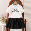 Girls Fashion Leisure Set 2025 Spring and Summer Children Sweet Printed Short Sleeve Top Bow Skirt Two Sets