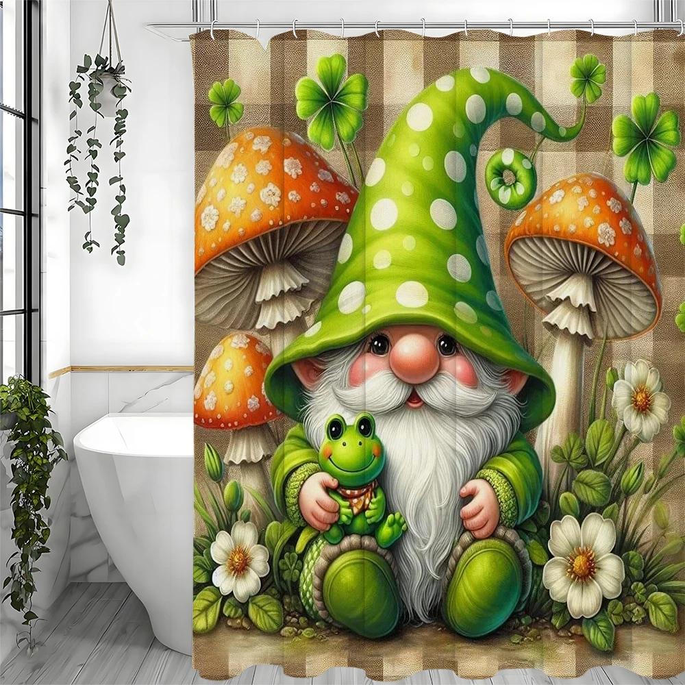 Charming Gnome and Frog Shower Curtain for a Whimsical Bathroom, Featuring an Adorable Gnome in a Green Hat Holding