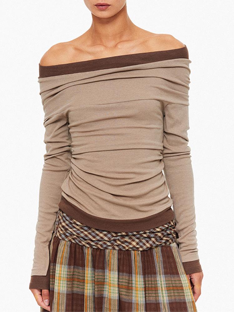 Tencel Wool Y2K Off-Shoulder Color Block Slimming Stacked Sleeve Panelled Top for Women